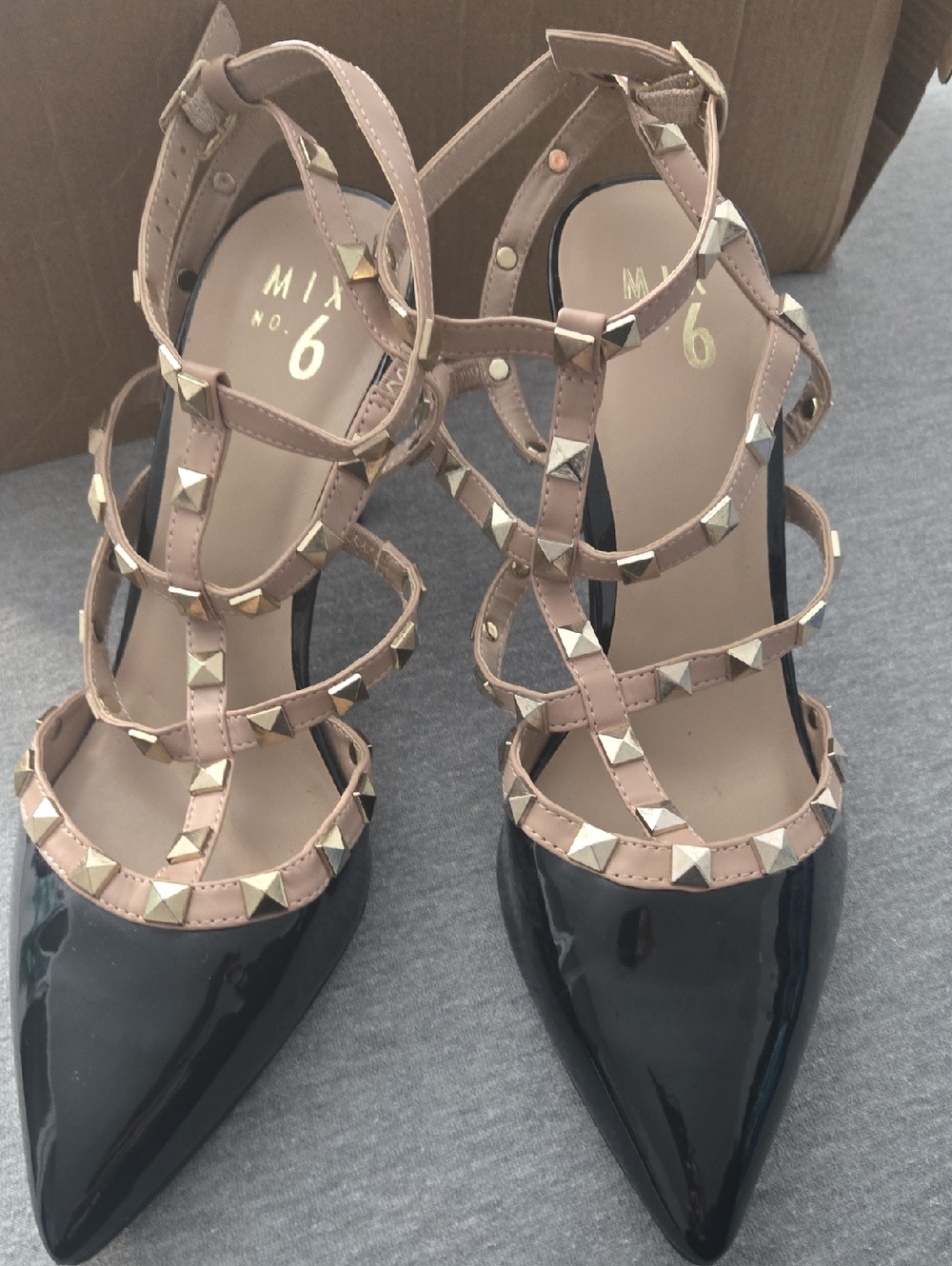 Mix No. 6 Black Patent Pointed-Toe Heels with Nude Studded Straps